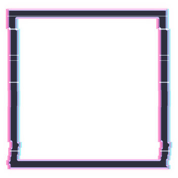 Glitch effect picture frame PNG with transparent background, torn slices with red and cyan channel separation, isolated blank square frame border for music covers and social media