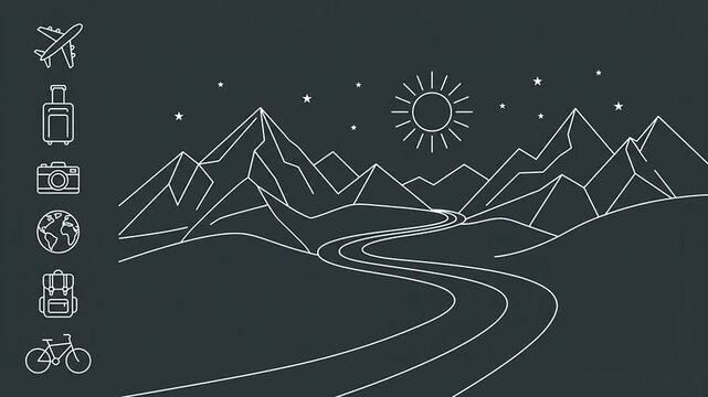 Animated Line Art Travel Icons and Mountain Landscape Scene