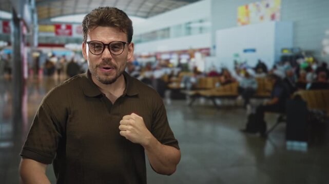 Man wearing glasses clenching fist and grimacing beside departure gates in a crowded airport terminal; frustration travel delay.