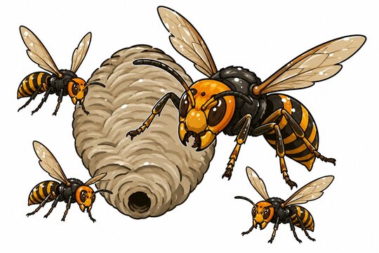 危険なスズメバチが群がり飛ぶハチの巣と複数のハチのイラスト