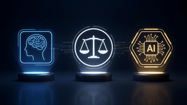 Human brain hologram scale of justice and AI chip symbol stand on podiums representing ethics and legal regulations in artificial intelligence and modern technology.
