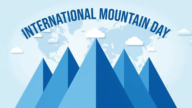 International Mountain Day blue vector animation with stylized peaks and world map