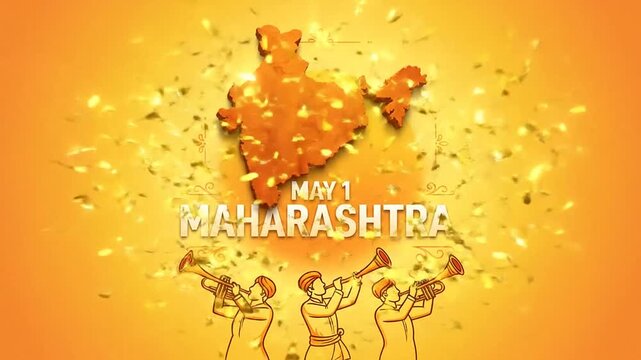 Maharashtra Day celebration motion graphics with map and musicians in golden tones