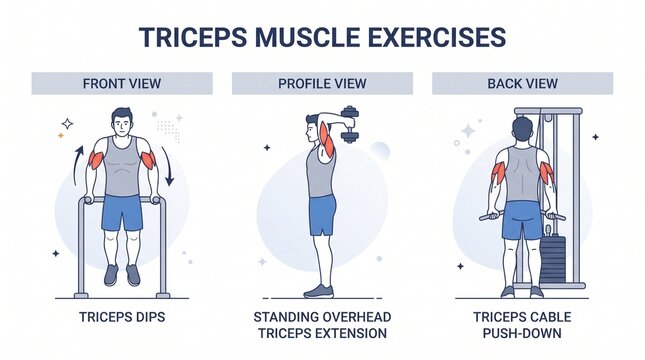 Instructional Triceps Muscle Exercises Infographic With Flat Vector Illustrations Of A Person