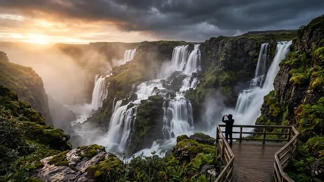 Person standing on a wooden observation deck viewing a massive waterfall