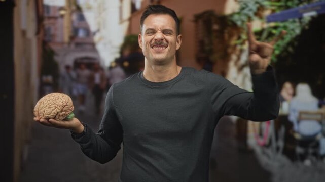 Hispanic man with moustache holding a brain model in his palm and making a rock hand sign on a narrow street; playful curiosity.