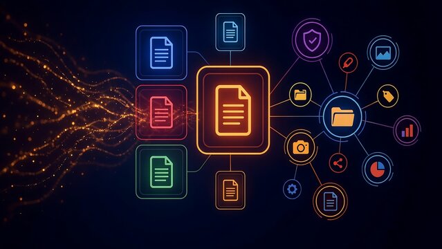 Central illuminated document icon connected to various colorful web nodes representing cloud data classification distribution and complex file organization.