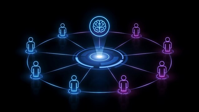 Central artificial intelligence brain icon surrounded by human silhouettes connected in radial circular network pattern representing global collaborative digital thought.
