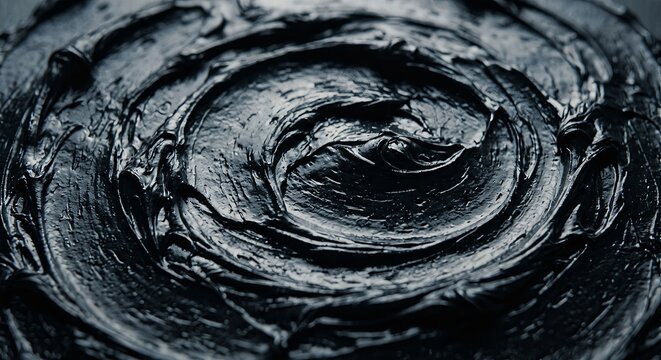 Swirling thick dark liquid mud or glossy black resin surface with smooth spiral patterns