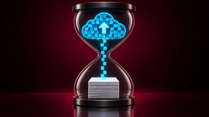 Fototapeta premium Hourglass containing paper documents converting into glowing blue digital blocks and flowing upwards into a cloud, representing digital transition over time.