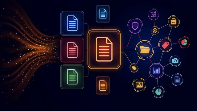Data management workflow showing documents flowing into central repository icon with connected categorical sub icons representing file organization and cloud system.