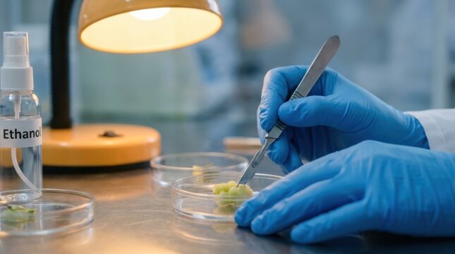 Scientist gloved hands cutting plant callus tissue in a petri dish with scalpel and ethanol sprayer in a laboratory