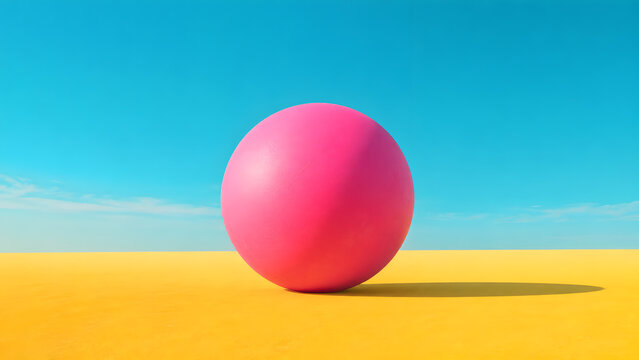 A large pink sphere resting on a flat yellow surface against a bright blue sky