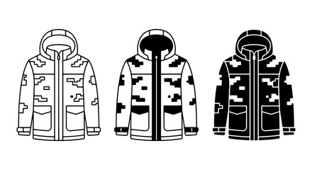 Camouflage Parka Jackets, Military Style Outerwear, Digital Pattern Coats, Outdoor Apparel Icons © md