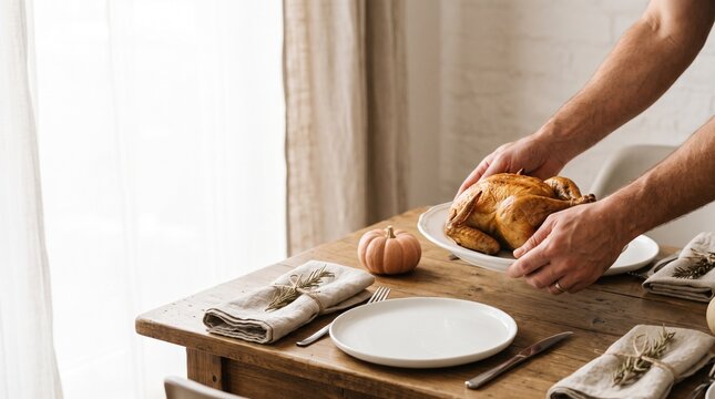 Serving a delicious golden-brown roasted chicken, a centerpiece for a warm and inviting family holiday dinner on a charming wooden table, ready for a festive celebration