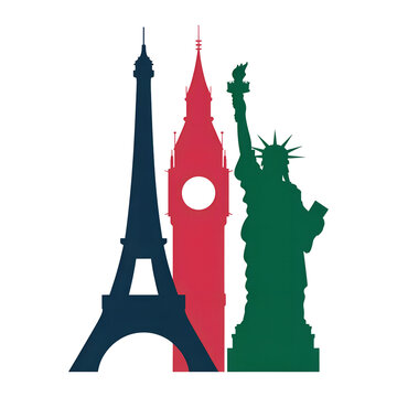 Colorful Silhouettes of Paris Landmarks and Statue of Liberty