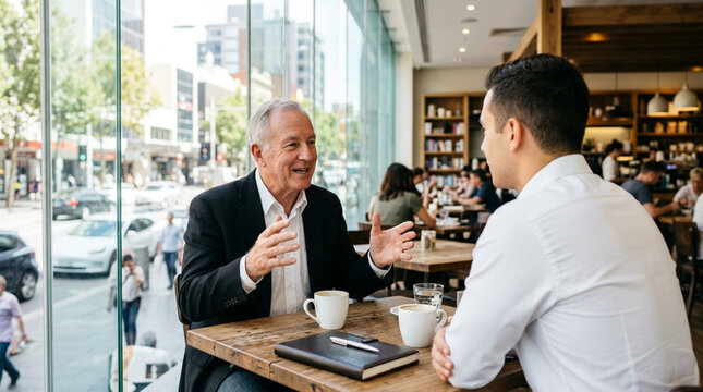 Senior Businessman Mentoring Young Professional in Modern Cafe