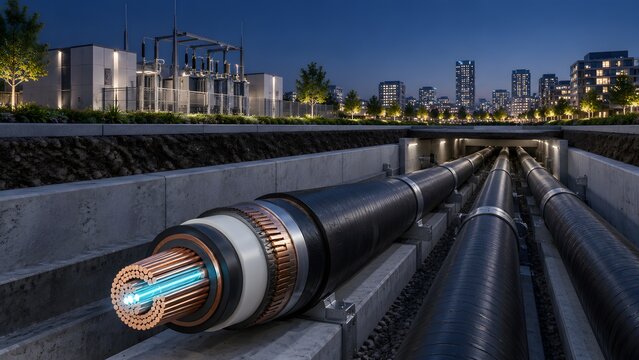 Underground high voltage power transmission cable cross section supplying electricity to modern city at night