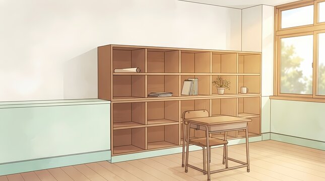 Anime style classroom background with a wooden desk and large bookshelf for visual novel game design or creative digital animation project