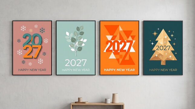 Four framed new year designs for 2027 displayed on a white wall above a wooden sideboard
