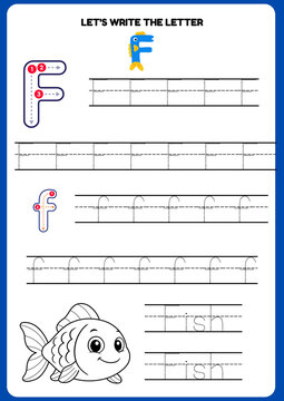 Letter F handwriting tracing worksheet for kids. Alphabet learning practice activity with uppercase and lowercase F, dotted lines, fish illustration, and word tracing on white background.