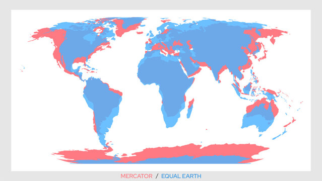 Mercator and equal earth world map projection comparison. Vector illustration showing size distortion of continents. Geographic education concept for cartography, atlas and school learning.