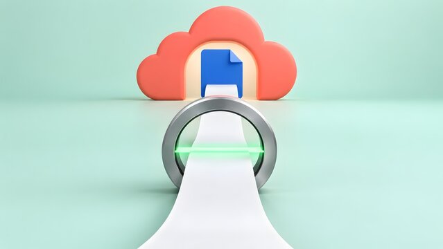 Minimalist 3D concept of paper passing through a green laser scanner to become a digital document uploaded to a pink cloud
