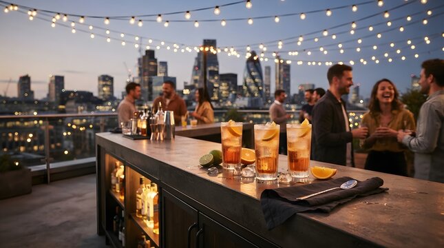 Friends socializing at London rooftop bar at dusk with cocktails under string lights and the illuminated city skyline background