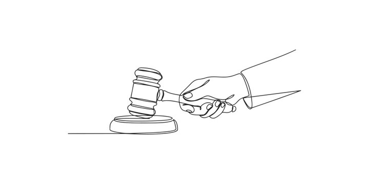 Single continuous line drawing of a hand holding a wooden judge gavel hitting a block for court and law concept