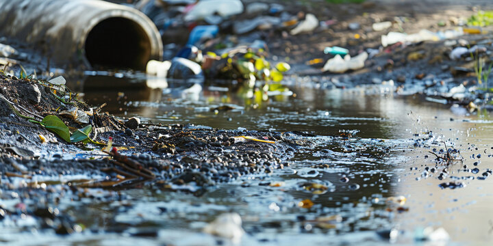 Environmental pollution with plastic waste and garbage scattered near a drainage pipe in a dirty muddy puddle outdoors, depicting ecological crisis and conservation urgency for sustainable nature mana