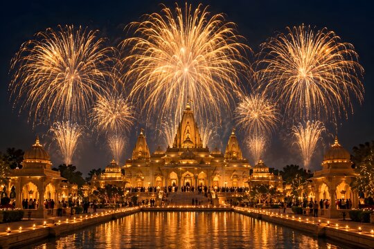 Golden fireworks cascading above an illuminated white marble Hindu temple with oil lamps lining a reflecting pool