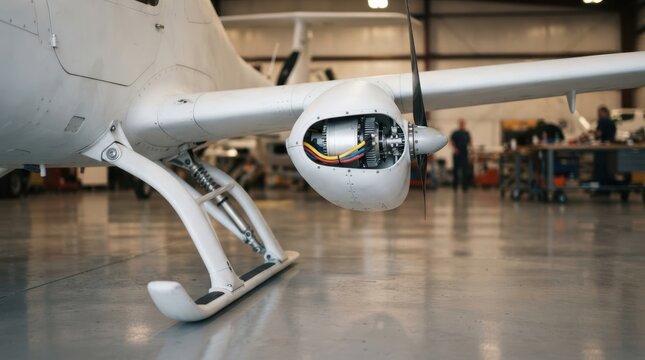 White prototype aircraft with landing skids and electric motor nacelles in a hangar with floor reflections.
