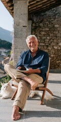 Obraz premium Smiling older man enjoying cake on stone balcony with white cat and mountain view for travel lifestyle banner and relaxed outdoor portrait