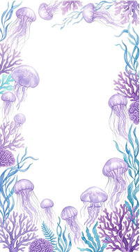 Watercolor jellyfish and coral reef frame isolated on transparent background