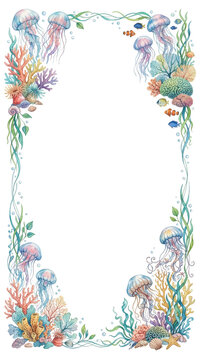 Watercolor underwater frame with jellyfish, coral reefs, and tropical fish isolated on transparent background