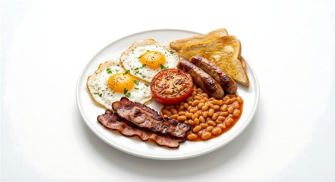 Hearty English breakfast with fried eggs sausages bacon beans toast tomato