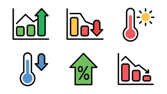 Data analytics, business graph and temperature filled outline icon set. Financial growth, market decline and weather measurement vector symbol.