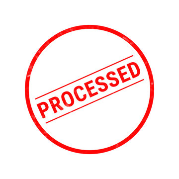 A bright red circular rubber stamp graphic featuring the word processed written in bold capital letters across the center on a white background