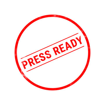 A bright red circular rubber stamp graphic featuring the bold text press ready centered inside with two horizontal lines above and below it