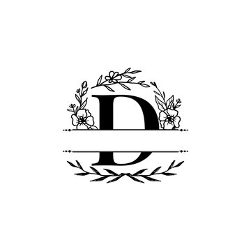 Split monogram letter D with botanical flower wreath line art vector