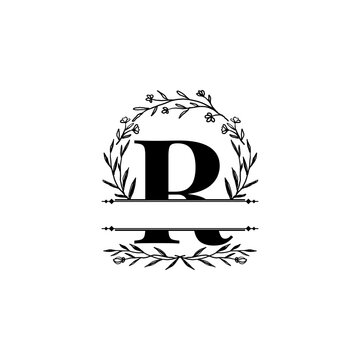 Split monogram letter R with botanical wreath line art vector illustration