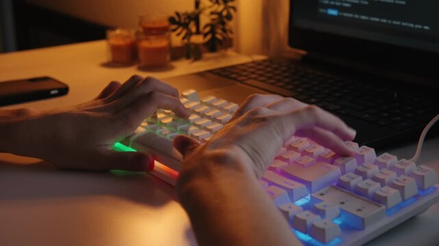 Close-up of hands typing quickly on an illuminated RGB mechanical keyboard in a dimly lit home office workspace at night.