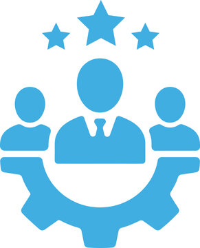 Blue icon of a business team with stars representing high quality performance and corporate management success