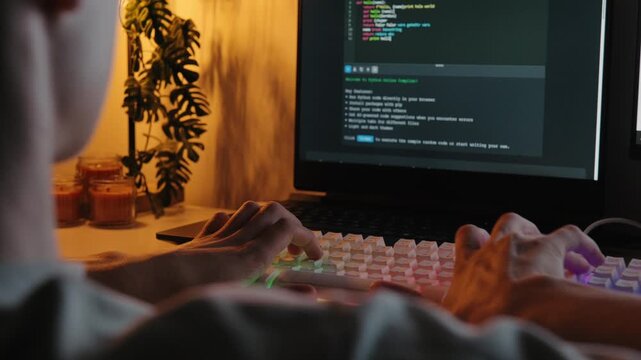 Teenage boy typing program code on an illuminated mechanical keyboard in a dark room at night.