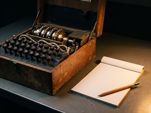Vintage rotor cipher machine beside blank notepad and pencil
