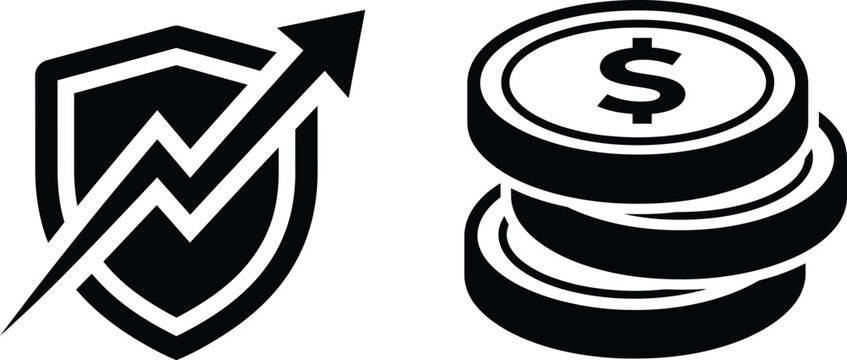 Black and white icons representing financial security growth and investment savings with shield and coin stack symbols