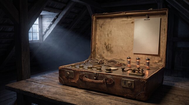 Vintage suitcase radio with glowing tubes and blank note in attic