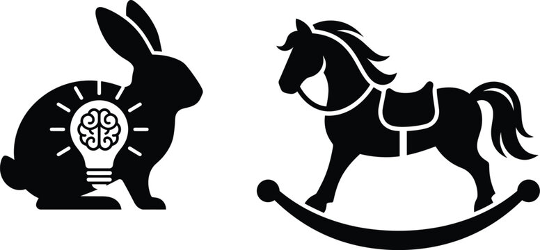 Black and white silhouette illustration of a rabbit with a lightbulb brain and a classic rocking horse