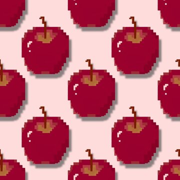 Seamless pixel art red apple pattern on a pastel pink background