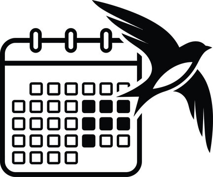 Minimalist black and white icon featuring a calendar page with a flying swallow bird silhouette design